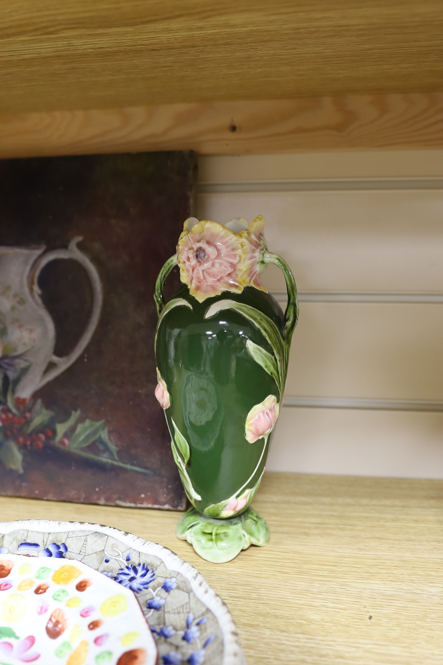 An early Victorian bone china jug, 19.5cm tall, related oil on canvas, three plates and continental vase